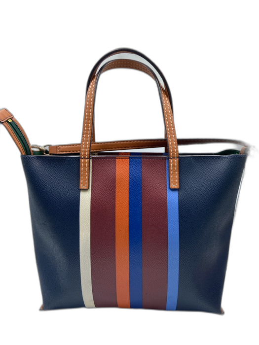 Tory Burch Blue, Orange, Brown Leather Top Handles Striped Logo Bag Blue, Orange, Brown / Medium
