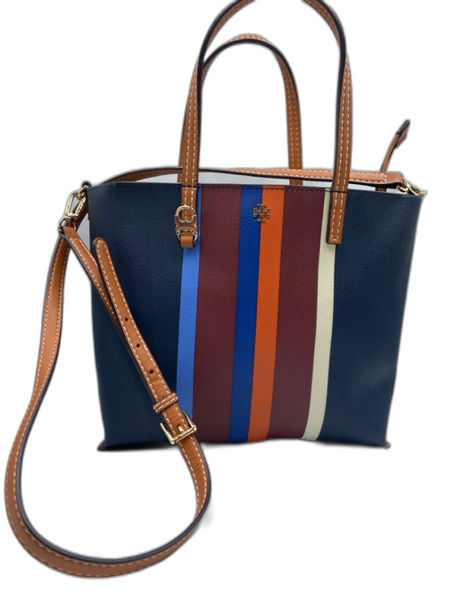 Tory Burch Blue, Orange, Brown Leather Top Handles Striped Logo Bag Blue, Orange, Brown / Medium