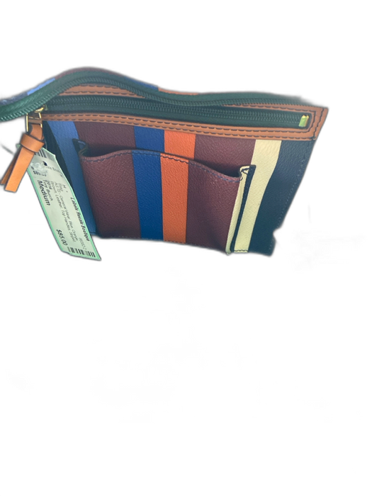 Tory Burch Blue, Orange, Brown Leather Top Handles Striped Logo Bag Blue, Orange, Brown / Medium