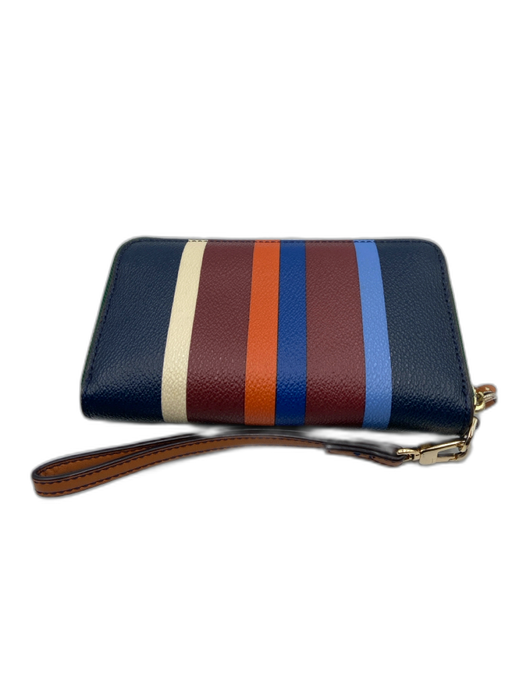 Tory Burch Blue, Orange, Brown Leather Zip Close Stripe Logo Wristlet Wallets Blue, Orange, Brown