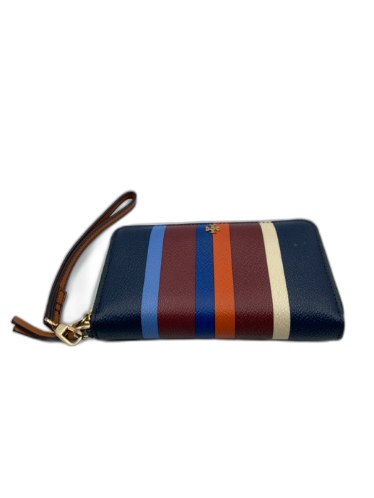 Tory Burch Blue, Orange, Brown Leather Zip Close Stripe Logo Wristlet Wallets Blue, Orange, Brown
