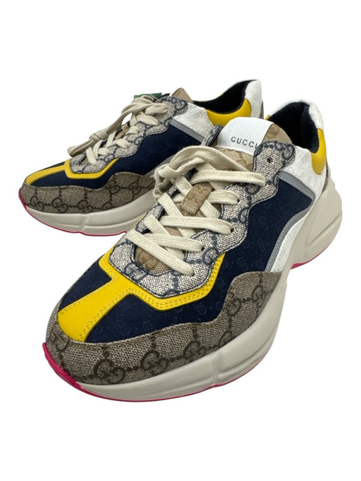 Gucci Shoe Size 5 Yellow, Blue, Brown Leather & Canvas Lace Up Chunky Sneakers Yellow, Blue, Brown / 5
