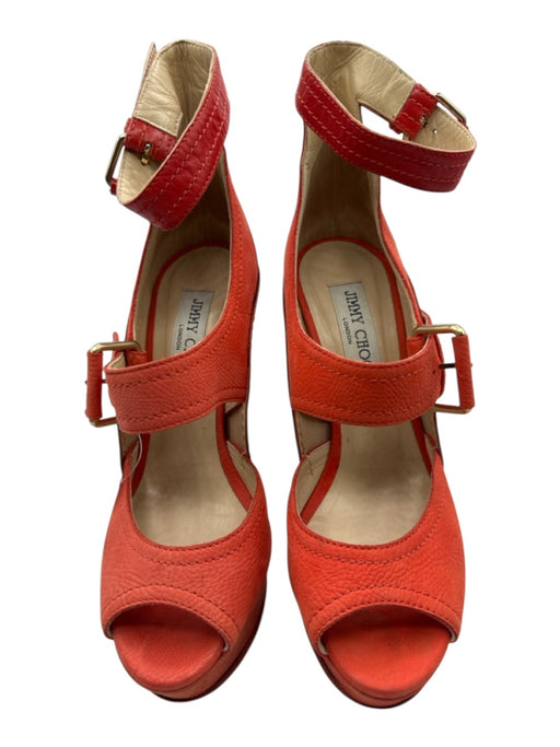 Jimmy Choo Shoe Size 38.5 Orange Leather Peep Toe Buckle Ankle Strap Pumps Orange / 38.5