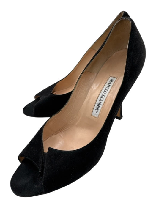 Manolo Blahnik Shoe Size 39.5 Black Leather Suede Peep Toe Cut Out Pumps Black / 39.5