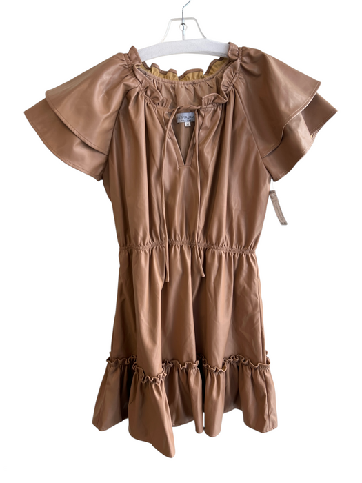 Olivia James Size M Brown Polyester Blend Pleather V Neck Cap Sleeve Dress Brown / M