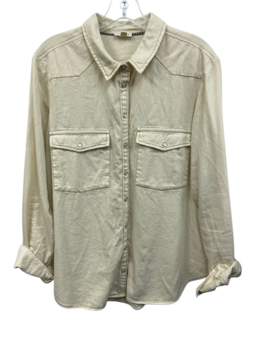 Pilcro Size Large Cream & Brown Cotton Long Sleeve Snap Button Patch Pocket Top Cream & Brown / Large