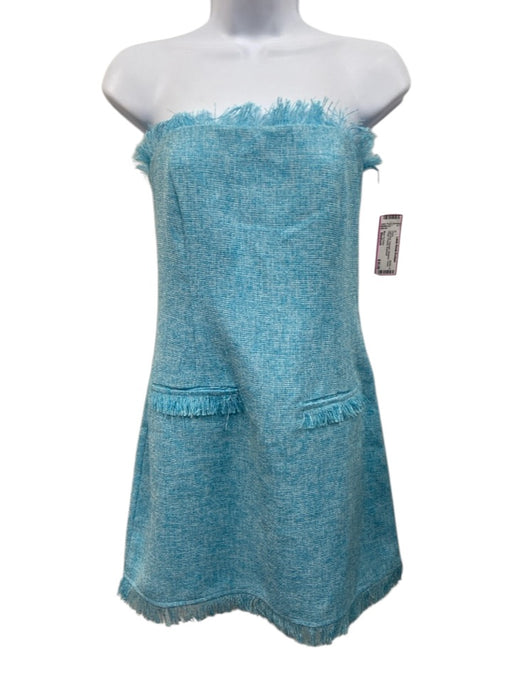 More To Come Size Medium Light Blue Polyester Strapless Tweed Fringe Dress Light Blue / Medium