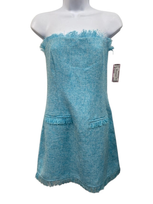 More To Come Size Medium Light Blue Polyester Strapless Tweed Fringe Dress Light Blue / Medium