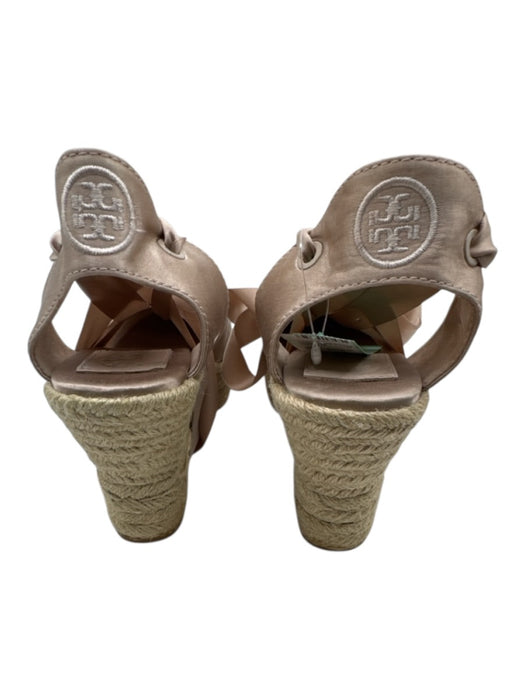 Tory Burch Shoe Size 9.5 Beige Satin Raffia Ribbon Ankle Wrap Wedge Espadrille Beige / 9.5