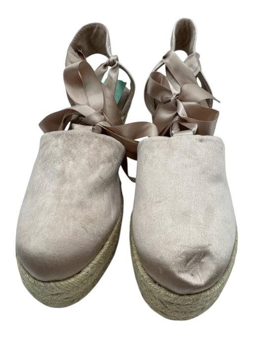 Tory Burch Shoe Size 9.5 Beige Satin Raffia Ribbon Ankle Wrap Wedge Espadrille Beige / 9.5