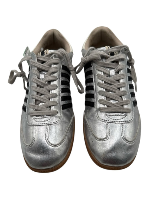 Shu Shop Shoe Size 9 Silver & Black Leather Upper Lace Up Striped Sneakers Silver & Black / 9