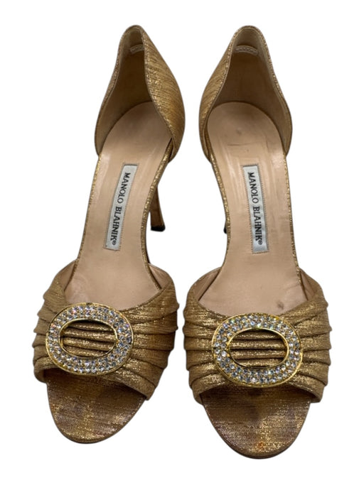 Manolo Blahnik Shoe Size 38 Gold & Tan Leather & Textile Pleated Crystal Pumps Gold & Tan / 38