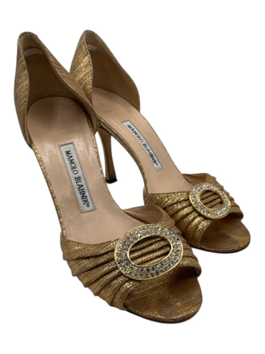Manolo Blahnik Shoe Size 38 Gold & Tan Leather & Textile Pleated Crystal Pumps Gold & Tan / 38