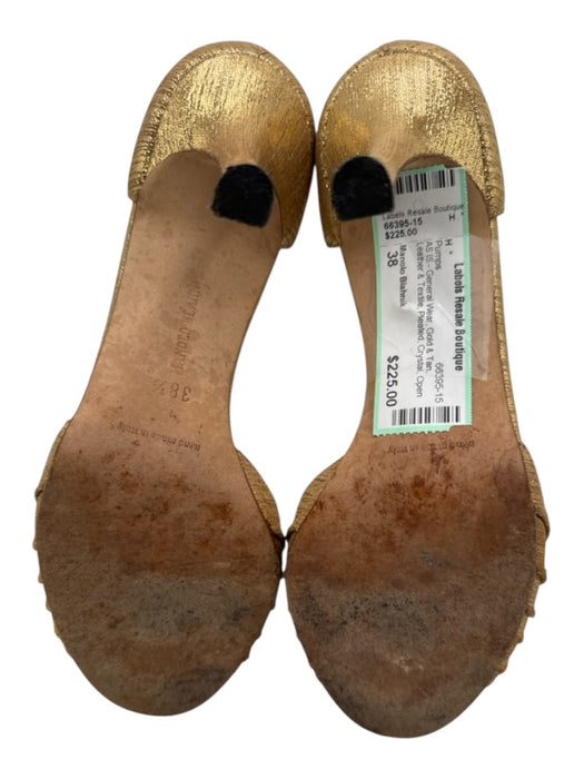 Manolo Blahnik Shoe Size 38 Gold & Tan Leather & Textile Pleated Crystal Pumps Gold & Tan / 38