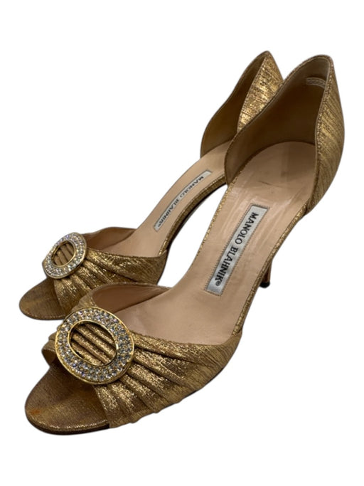 Manolo Blahnik Shoe Size 38 Gold & Tan Leather & Textile Pleated Crystal Pumps Gold & Tan / 38
