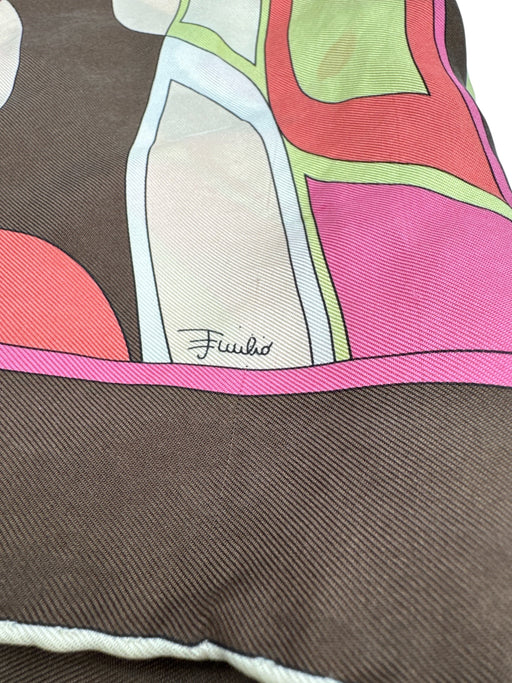 Emilio Pucci Pink, Brown, Green Silk Rolled Hem Abstract Print Square scarf Pink, Brown, Green