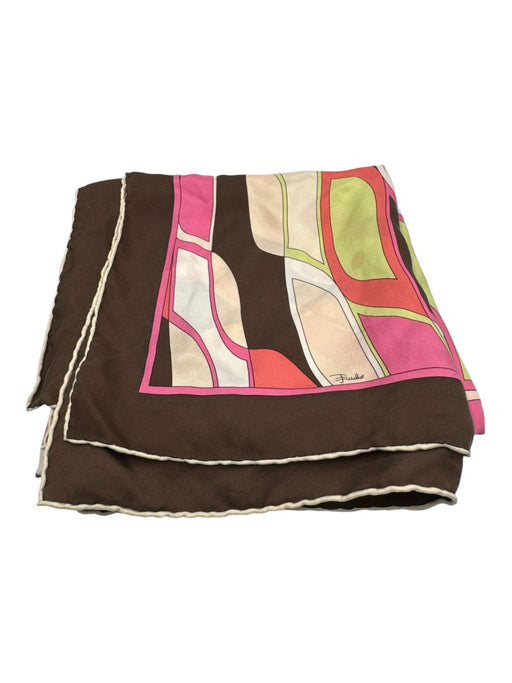 Emilio Pucci Pink, Brown, Green Silk Rolled Hem Abstract Print Square scarf Pink, Brown, Green