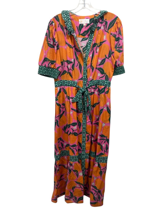 Sheridan French Size Medium Orange, Pink, Green Cotton Blend Short Sleeve Dress Orange, Pink, Green / Medium