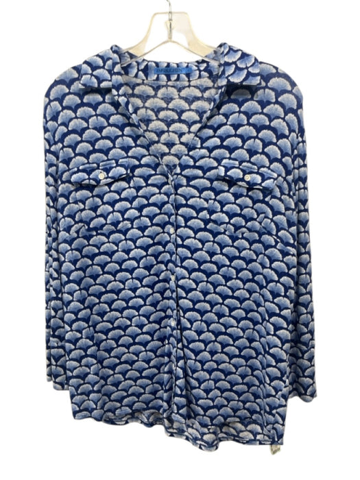 J. McLaughlin Size Large Blue & White Linen Blend Long Sleeve Ginkgo Leaves Top Blue & White / Large