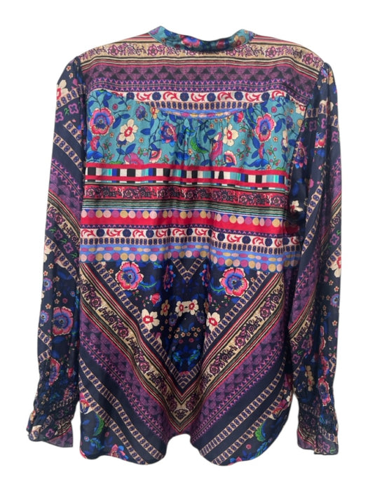 Johnny Was Size Small Navy, Teal, Pink Silk Long Sleeve Mixed Floral Smocked Top Navy, Teal, Pink / Small