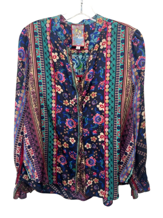 Johnny Was Size Small Navy, Teal, Pink Silk Long Sleeve Mixed Floral Smocked Top Navy, Teal, Pink / Small
