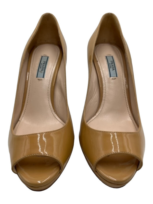 Prada Shoe Size 38.5 Beige Patent Peep Toe Closed Heel Stiletto Pumps Beige / 38.5