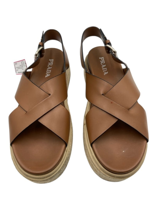 Prada Shoe Size 40 Brown & Beige Leather Espadrille Criss Cross Sandals Brown & Beige / 40
