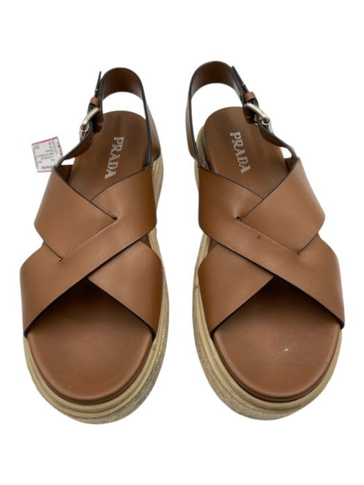 Prada Shoe Size 40 Brown & Beige Leather Espadrille Criss Cross Sandals Brown & Beige / 40