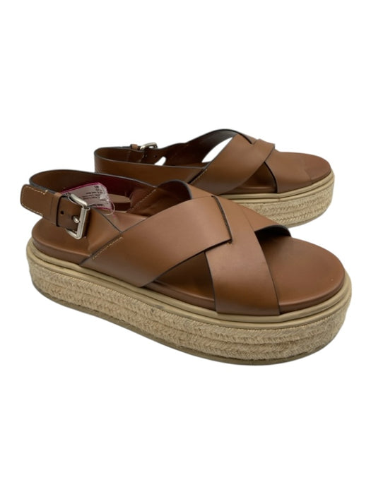 Prada Shoe Size 40 Brown & Beige Leather Espadrille Criss Cross Sandals Brown & Beige / 40