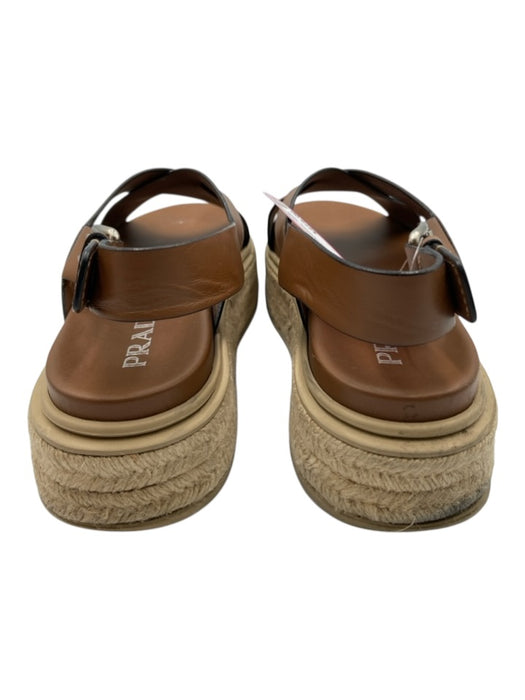Prada Shoe Size 40 Brown & Beige Leather Espadrille Criss Cross Sandals Brown & Beige / 40