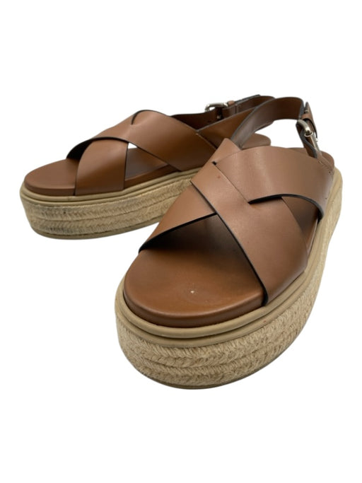 Prada Shoe Size 40 Brown & Beige Leather Espadrille Criss Cross Sandals Brown & Beige / 40