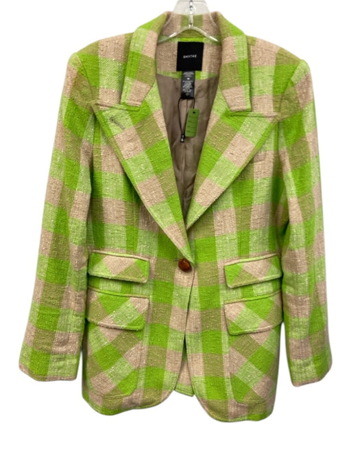 Smythe Size 16 Lime Green & Beige Cotton Blend Tweed Plaid pointed lapel Jacket Lime Green & Beige / 16