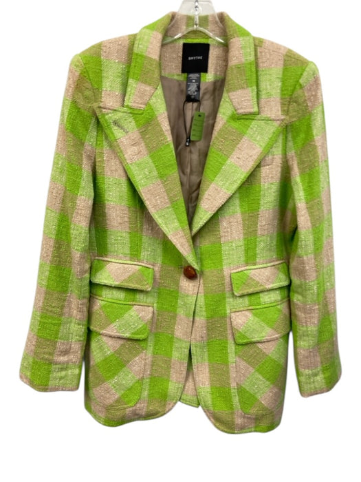 Smythe Size 16 Lime Green & Beige Cotton Blend Tweed Plaid pointed lapel Jacket Lime Green & Beige / 16