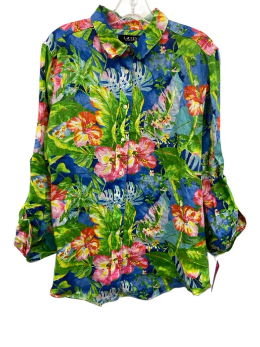 Lauren Ralph Lauren Size L Green, Blue, Multi Linen Floral Long Sleeve Top Green, Blue, Multi / L