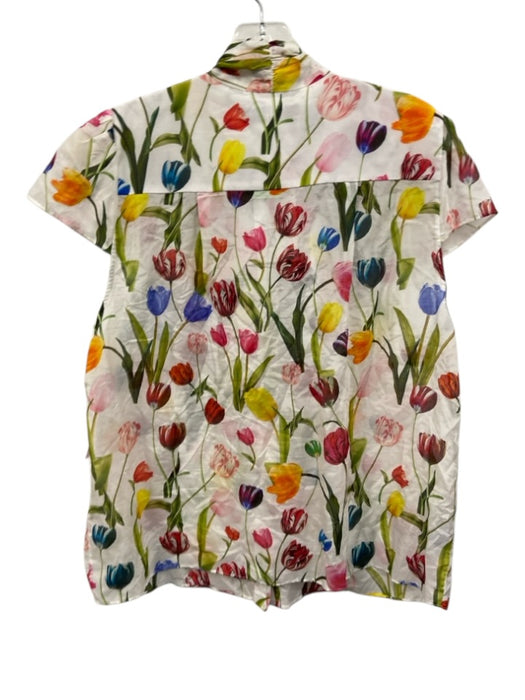 Alice + Olivia Size XL White & Multi Cotton & Silk Tulips Tie Neck Top White & Multi / XL