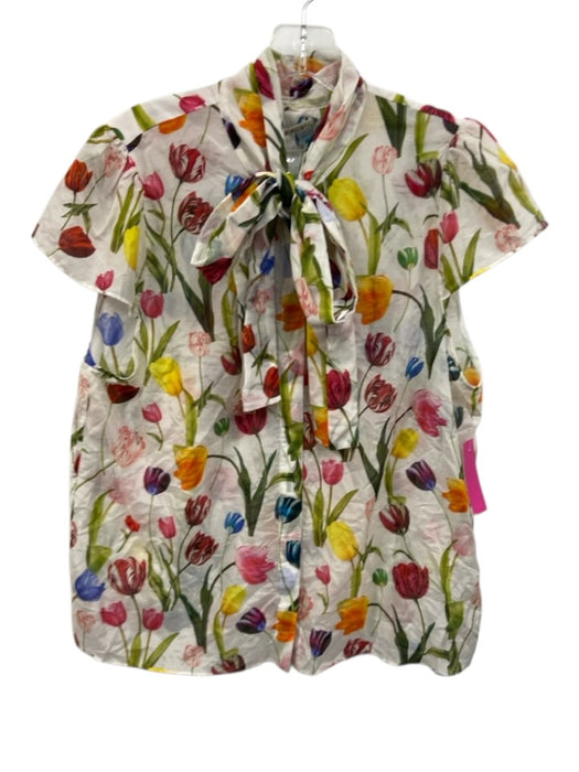 Alice + Olivia Size XL White & Multi Cotton & Silk Tulips Tie Neck Top White & Multi / XL