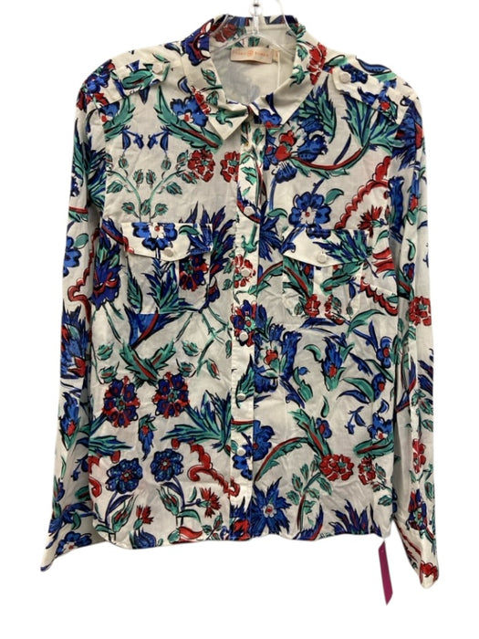 Tory Burch Size 14 White, Blue, Red Cotton painted floral Long Sleeve Top White, Blue, Red / 14