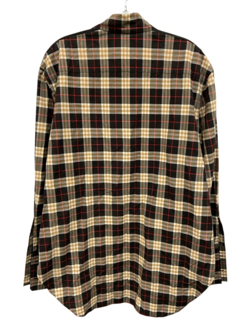 Burberry Size 14 Black, Tan, Red Cotton Satin Trim Plaid Long Sleeve Top Black, Tan, Red / 14