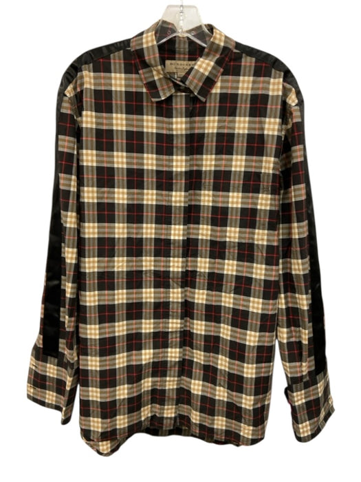 Burberry Size 14 Black, Tan, Red Cotton Satin Trim Plaid Long Sleeve Top Black, Tan, Red / 14