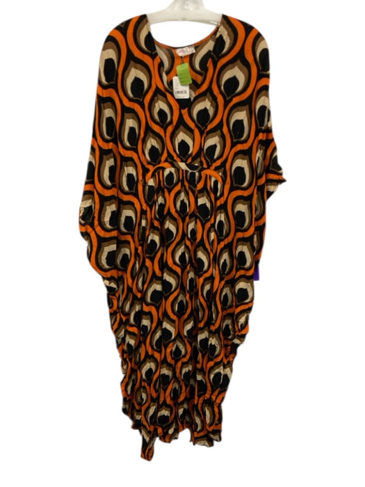 Free People Size One Size Black, Orange & Brown Rayon 3/4 Dolman Sleeve Dress Black, Orange & Brown / One Size