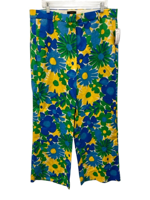 J. Crew Size 16 Cream White, Blue & Green Linen Floral High Waist Wide Leg Pants Cream White, Blue & Green / 16