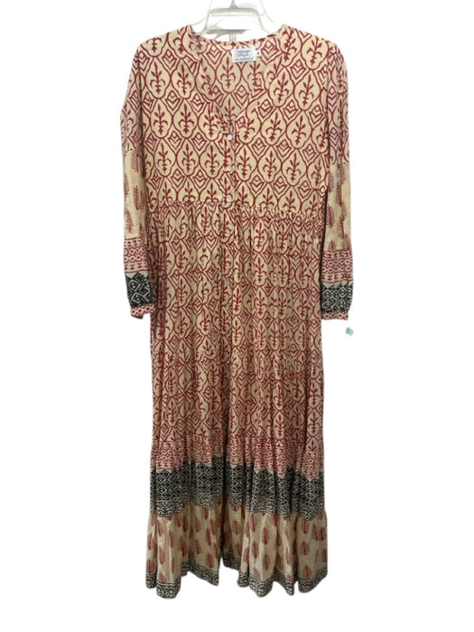 Vintage Ibiza Size M Red, Beige, Black Cotton Long Sleeve Abstract Print Dress Red, Beige, Black / M