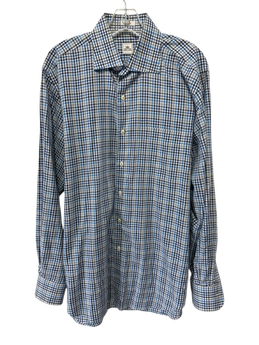 Peter Millar Size L Blue & White Cotton Plaid Button Up Men's Long Sleeve Shirt Blue & White / L