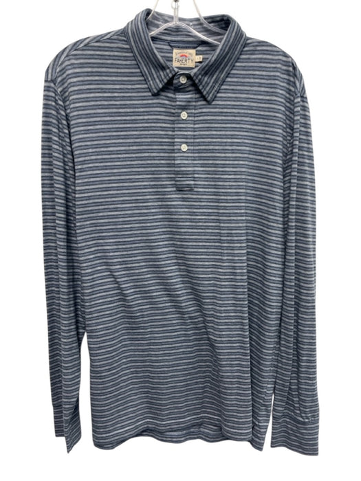 Faherty Size L Blue & Gray Cotton Blend Striped Polo Men's Long Sleeve Shirt Blue & Gray / L