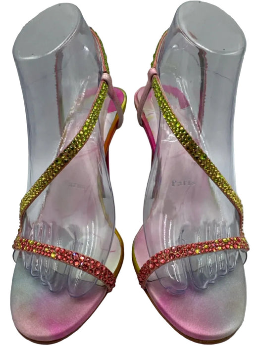 Christian Louboutin Shoe Size 38.5 Pink & Green Satin Rhinestone Sandals