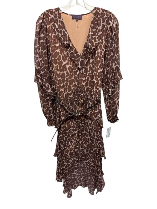 Hale Bob Size XS Brown & Beige Viscose Animal Print Long Sleeve V Neck Dress Brown & Beige / XS