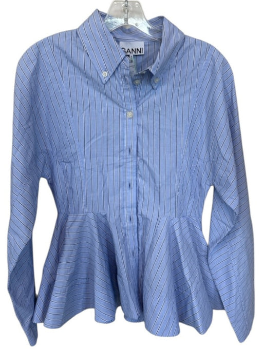 Ganni Size 34/XS Blue & Gray Cotton Long Sleeve Striped Button Down Peplum Top Blue & Gray / 34/XS