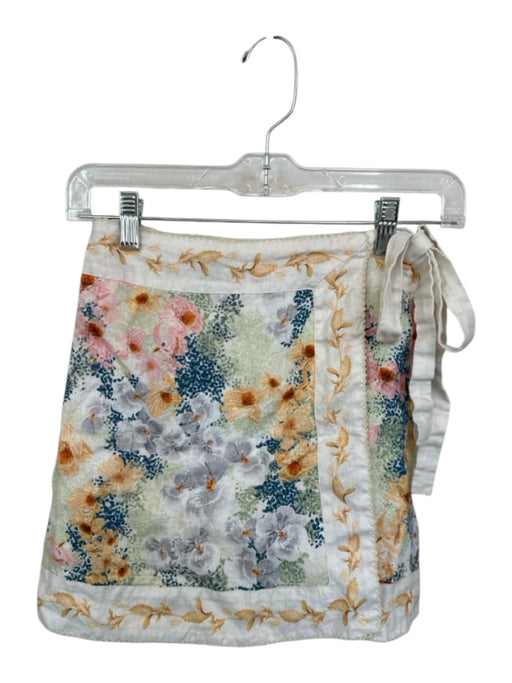 Agua Bendita Size Est XS White & Multi Linen Wrap Botanical Scalloped Hem Skirt White & Multi / Est XS