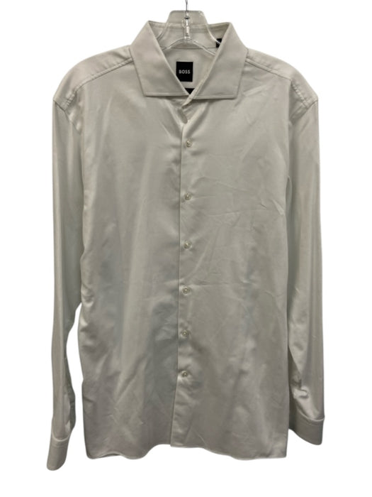 Boss Size L White Cotton Twill Button Up Spread Collar Men's Long Sleeve Shirt White / L