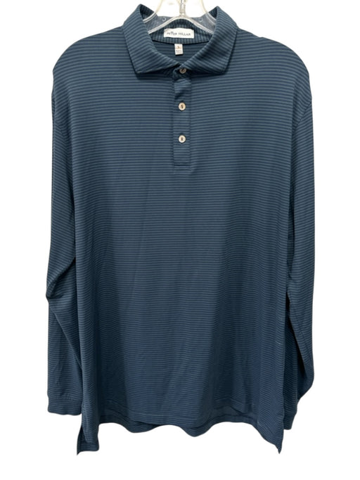 Peter Millar Size L Blue & Green Polyester Striped Polo Men's Long Sleeve Shirt Blue & Green / L